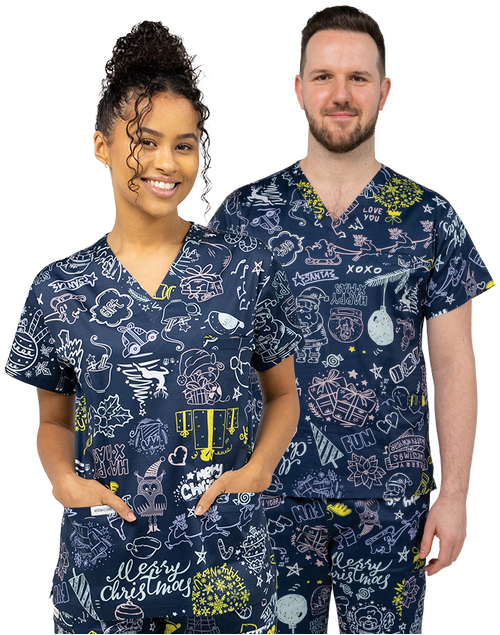 Happy Xmas Navy Scrub Top