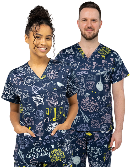 Happy Xmas Navy Scrub Top