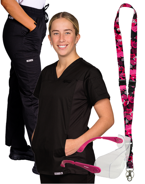 Nurse Ready Black Bundle: Comfortable Women's Scrubs, Safety Glasses & Lanyard â€“ Quality Gear for Less