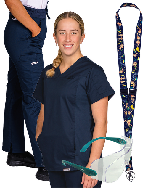 Nurse Ready Navy Bundle: Comfortable Scrubs, Safety Glasses & Lanyard – Quality Gear for Less